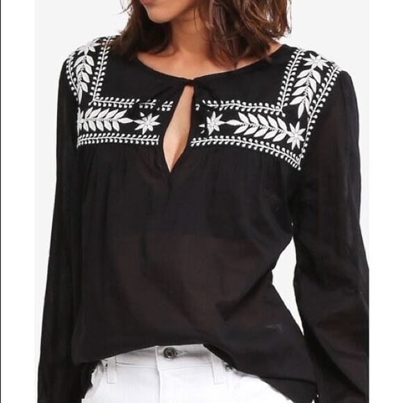 J Crew Womens XSmall Black White Embroidered Semolina Top Indian Voile Peasant - Picture 11 of 12